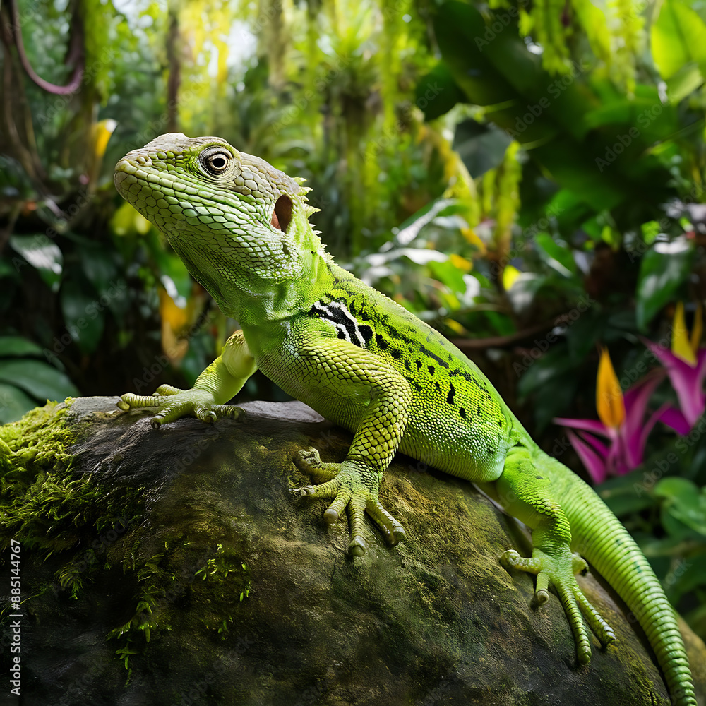 vibrant green lizard perched on a moss-covered rock in a lush tropical rainforest vibrant green lizard perched on a moss-covered rock in a lush tropical rainforest