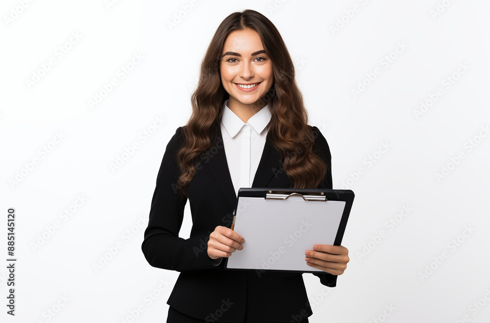 Young Businesswoman Smiling While Holding a Clipboard with Blank Paper in Professional Attire Against a White Background Young Businesswoman Smiling While Holding a Clipboard with Blank Paper in Professional Attire Against a White Background