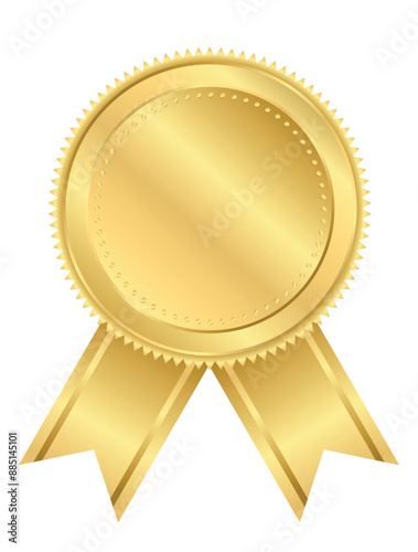 Golden award medal with gold ribbons shiny satin,Realistic 3d circle golden medallions for champion, anniversary or jubilee celebration isolated on white Background