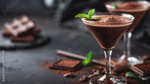 Wallpaper Mural Two elegant chocolate martinis garnished with fresh mint leaves and dusted with cocoa powder, set against a dark background with chocolate bars and cocoa scattered around. Torontodigital.ca