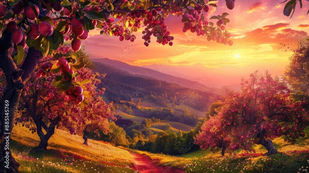 Fototapeta premium Serene fruit farm with plum trees bearing ripe plums, set against a vibrant sunset.