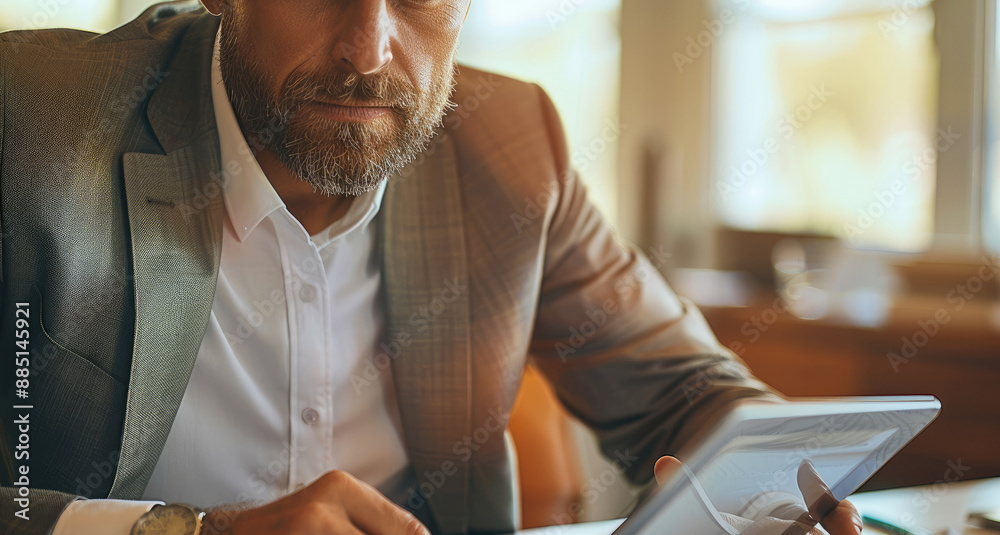 Fototapeta premium A businessman sitting at a clean desk, intently focused on a tablet. Generative AI.