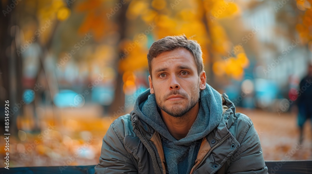 Portrait of sad expression sitting in park white man, professional costume at busy blurred park background Portrait of sad expression sitting in park white man, professional costume at busy blurred park background