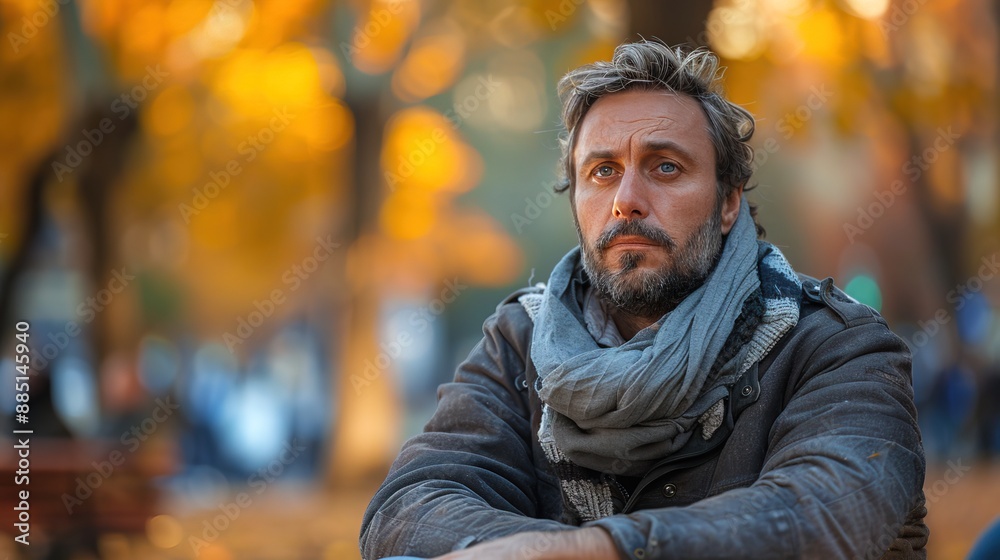 Portrait of sad expression sitting in park white man, professional costume at busy blurred park background Portrait of sad expression sitting in park white man, professional costume at busy blurred park background