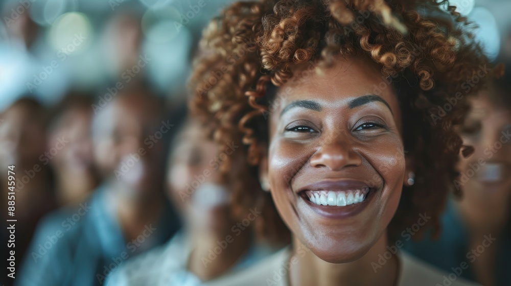 A woman with a bright smile stands in clear focus while a crowd of people in the background is blurred, creating a dynamic contrast in a social gathering. A woman with a bright smile stands in clear focus while a crowd of people in the background is blurred, creating a dynamic contrast in a social gathering.