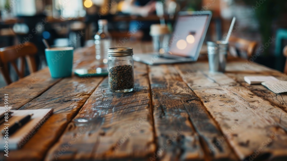 A rustic wooden table in a cozy cafe setting features an open laptop, pen, note, coffee mugs, and a mason jar of coffee beans, creating a warm, inviting workspace ambiance. A rustic wooden table in a cozy cafe setting features an open laptop, pen, note, coffee mugs, and a mason jar of coffee beans, creating a warm, inviting workspace ambiance.