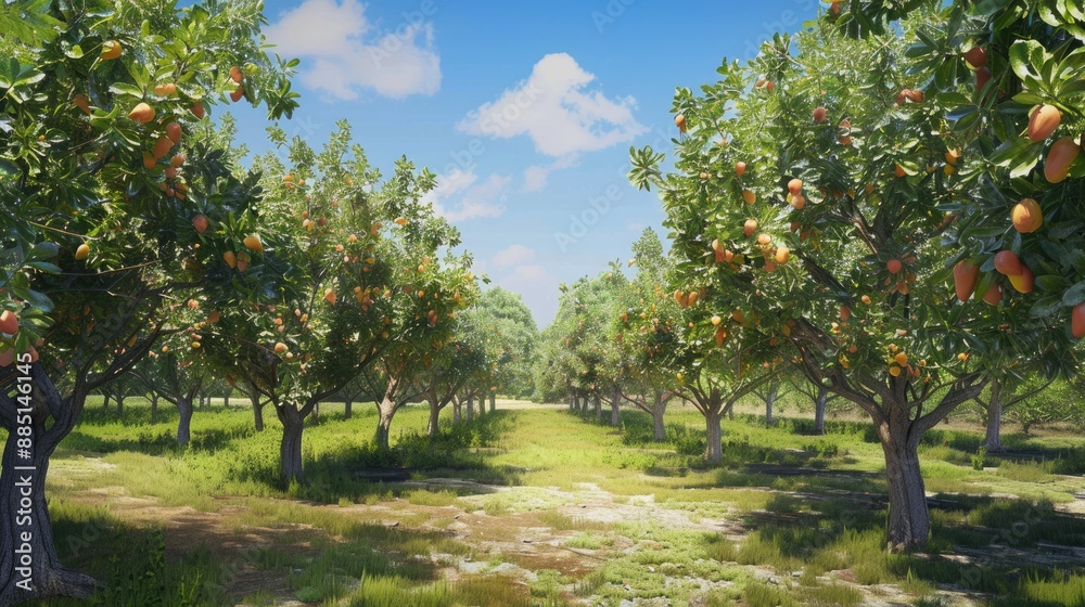 Serene view of a pear orchard, trees laden with ripe pears and a blue sky backdrop. Serene view of a pear orchard, trees laden with ripe pears and a blue sky backdrop.