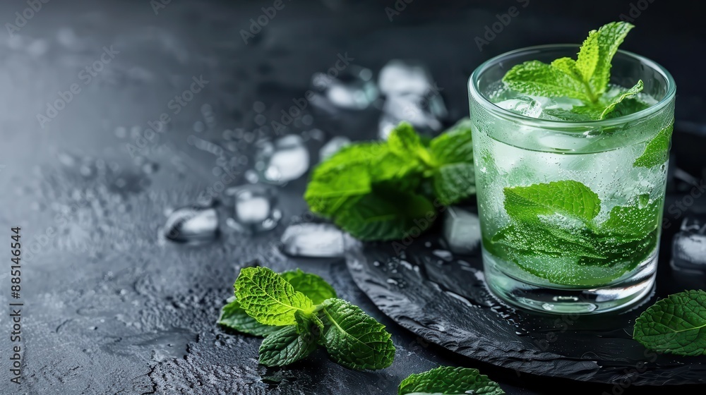 A refreshing mint cocktail in a clear glass with ice cubes and mint leaves, presented on a dark slate surface with scattered mint leaves and melting ice cubes. A refreshing mint cocktail in a clear glass with ice cubes and mint leaves, presented on a dark slate surface with scattered mint leaves and melting ice cubes.
