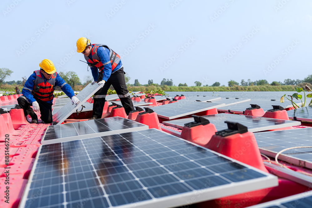 Male workers repair Floating solar panels on water lake. Engineers construct on site Floating solar panels at sun light. clean energy for future living. Industrial Renewable energy of green power. Male workers repair Floating solar panels on water lake. Engineers construct on site Floating solar panels at sun light. clean energy for future living. Industrial Renewable energy of green power.
