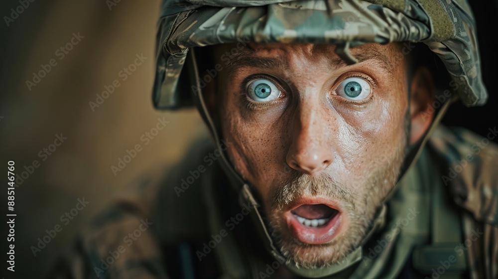 Portrait of shocked expression army white man, professional costume at war background Portrait of shocked expression army white man, professional costume at war background