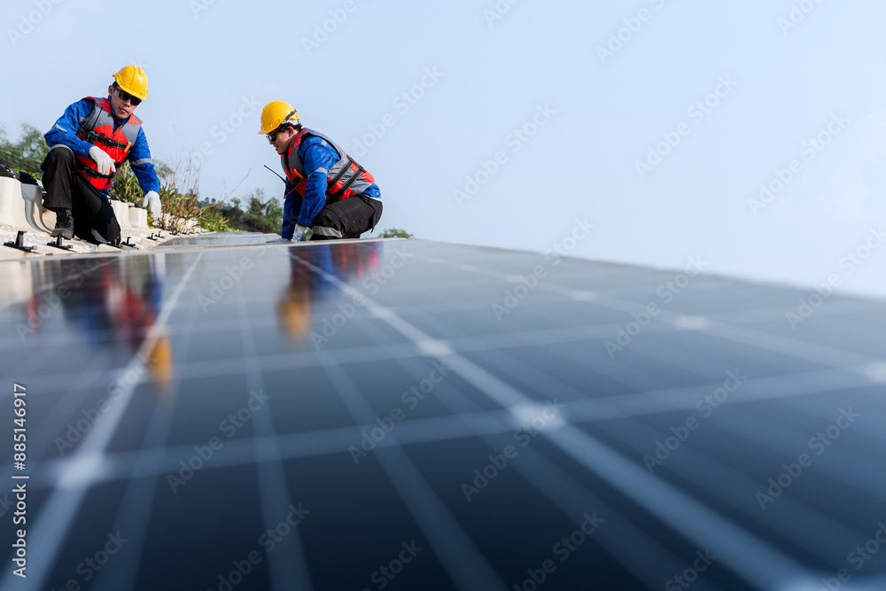 Male workers repair Floating solar panels on water lake. Engineers construct on site Floating solar panels at sun light. clean energy for future living. Industrial Renewable energy of green power. Male workers repair Floating solar panels on water lake. Engineers construct on site Floating solar panels at sun light. clean energy for future living. Industrial Renewable energy of green power.