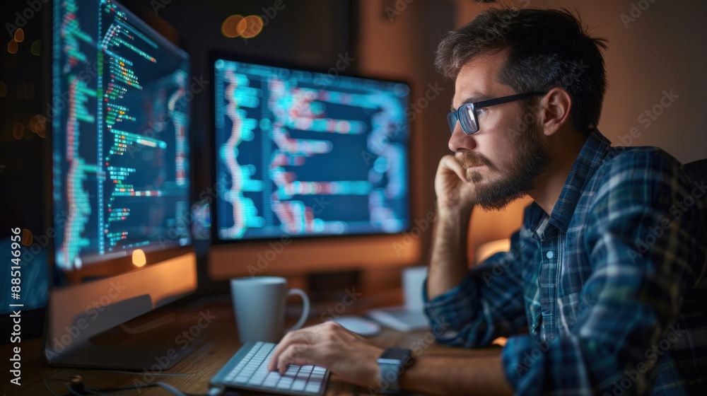 A man is sitting at a desk with two computer monitors in front of him. He is wearing glasses and he is focused on his work. Concept of productivity and concentration as the man works on his computer A man is sitting at a desk with two computer monitors in front of him. He is wearing glasses and he is focused on his work. Concept of productivity and concentration as the man works on his computer