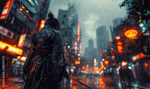 samurai,katana sword on a modern japanese city street,neon lights