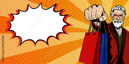 gray-haired man holding shopping bags with bubble speech in Pop art comic style. Vector colorful hand drawn illustration in retro comic style. Sale poster or banner template for special offer, season 