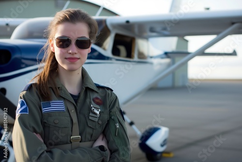 A young female pilot, confident and ready for flight, stands in front of a plane on an airfield in her uniform. National Aviation Day, Womens Equality Day photo