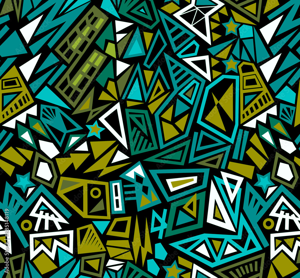 Abstract drawing of geometric shapes hand-drawn in blue tones.Seamless pattern. Abstract drawing of geometric shapes hand-drawn in blue tones.Seamless pattern.