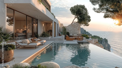 Fototapeta Naklejka Na Ścianę i Meble -  A minimal house with a small pool and a cozy seating are. The house is situated in on the coast. Generative AI.