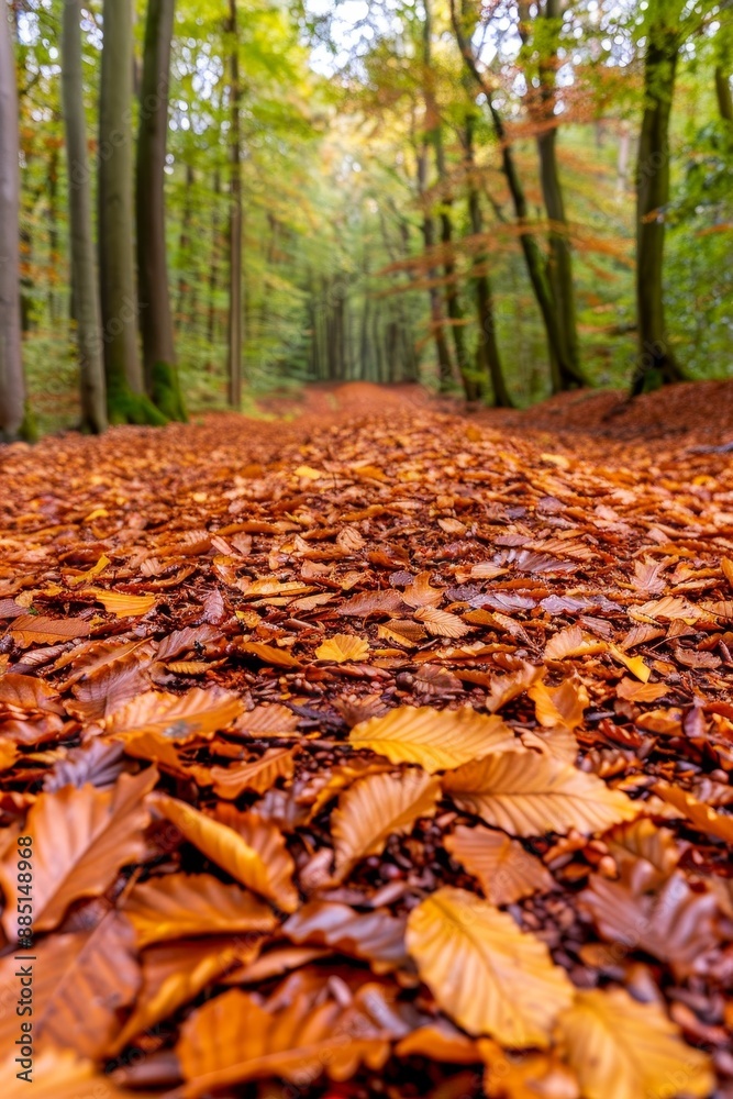 autumn forest path covered in vibrant orange and brown leaves, low angle view, golden sunlight filtering through the trees. autumn forest path covered in vibrant orange and brown leaves, low angle view, golden sunlight filtering through the trees.