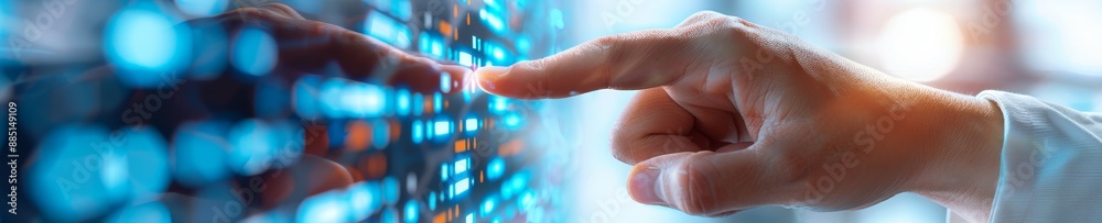 hand interacting with digital interface - abstract blue technology background - futuristic concept. hand interacting with digital interface - abstract blue technology background - futuristic concept.