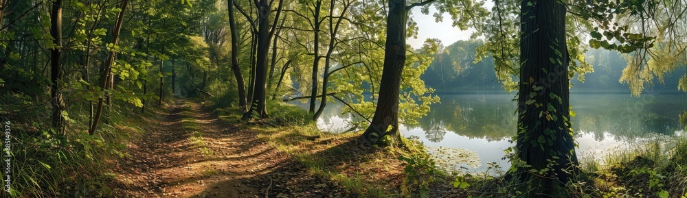 Tranquil Forest Path Leading to a Serene Lake Tranquil Forest Path Leading to a Serene Lake