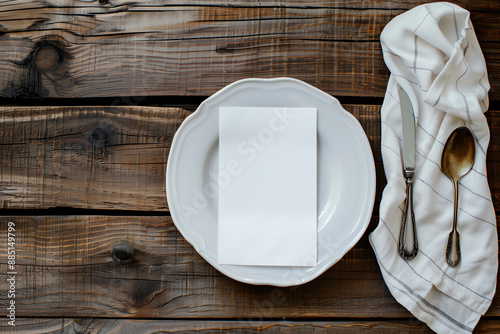 Empty menu, plate, cutlery and napkin on wood table, top view. Mockup for design