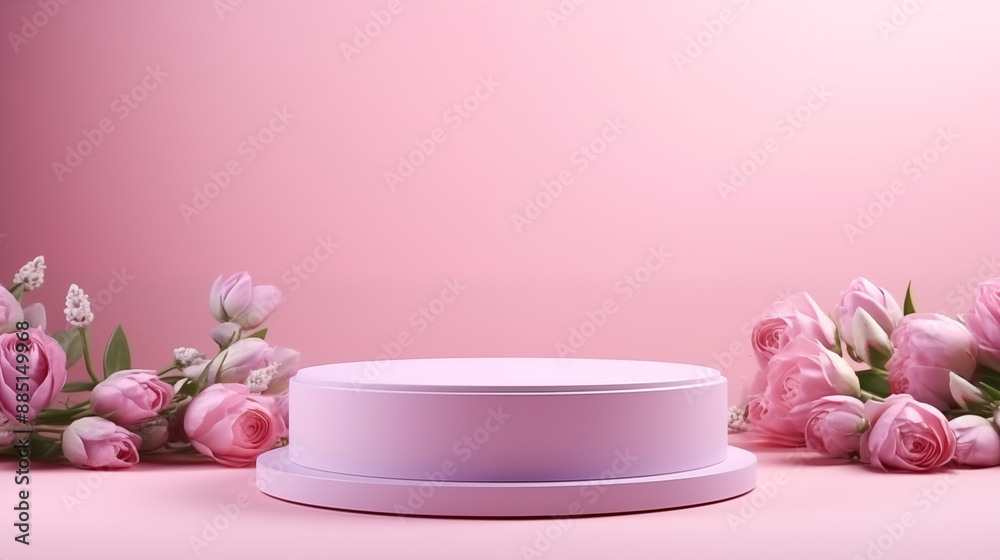 Pink pedestal display with elegant tulip decorations on soft pink background, romantic mockup for gift presentation Pink pedestal display with elegant tulip decorations on soft pink background, romantic mockup for gift presentation