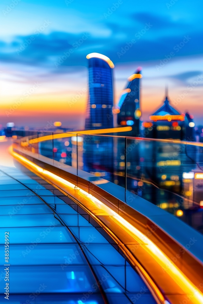 Fototapeta premium modern cityscape view from rooftop deck with glass railing and blurred lights at sunset.