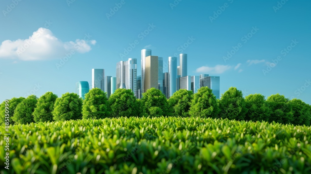 Obraz premium sustainable cityscape - green urban development with modern buildings and lush grassy field under a clear blue sky.