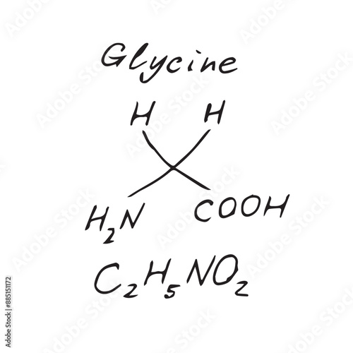 Glycine C2H5NO2 molecule formula. Hand drawn imitation of glycine structural model
