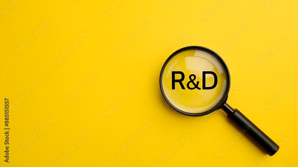 R&D, Research and Development, magnifying glass on a yellow background, close-up photography with text R&D, innovation R&D, Research and Development, magnifying glass on a yellow background, close-up photography with text R&D, innovation
