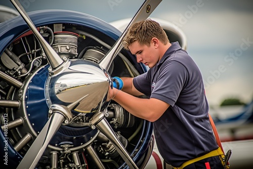 Aviation mechanic performing maintenance on an aircraft engine with precision and expertise in an airport hangar. National Aviation Day