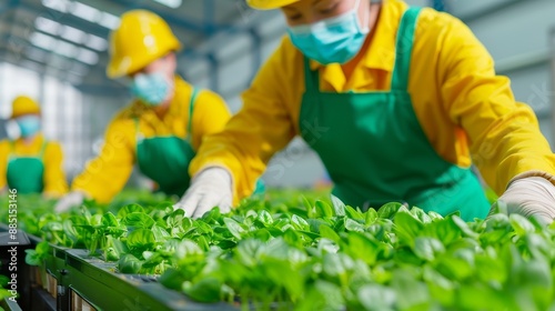 workers in green aprons and face masks tend to rows of growing seedlings in a greenhouse or indoor farming facility.