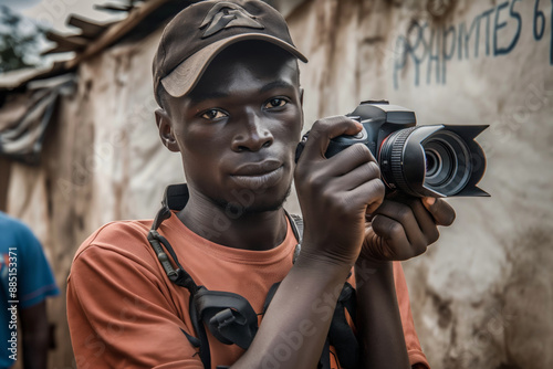 In a scenic rural setting, a young man pursues photography with a DSLR, capturing moments with skill and passion. World Photo Day