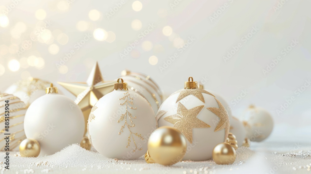 Merry Christmas and New Year. Christmas design. Shiny gold balloons, confetti and baubles. Christmas background. Festive composition Merry Christmas and New Year. Christmas design. Shiny gold balloons, confetti and baubles. Christmas background. Festive composition