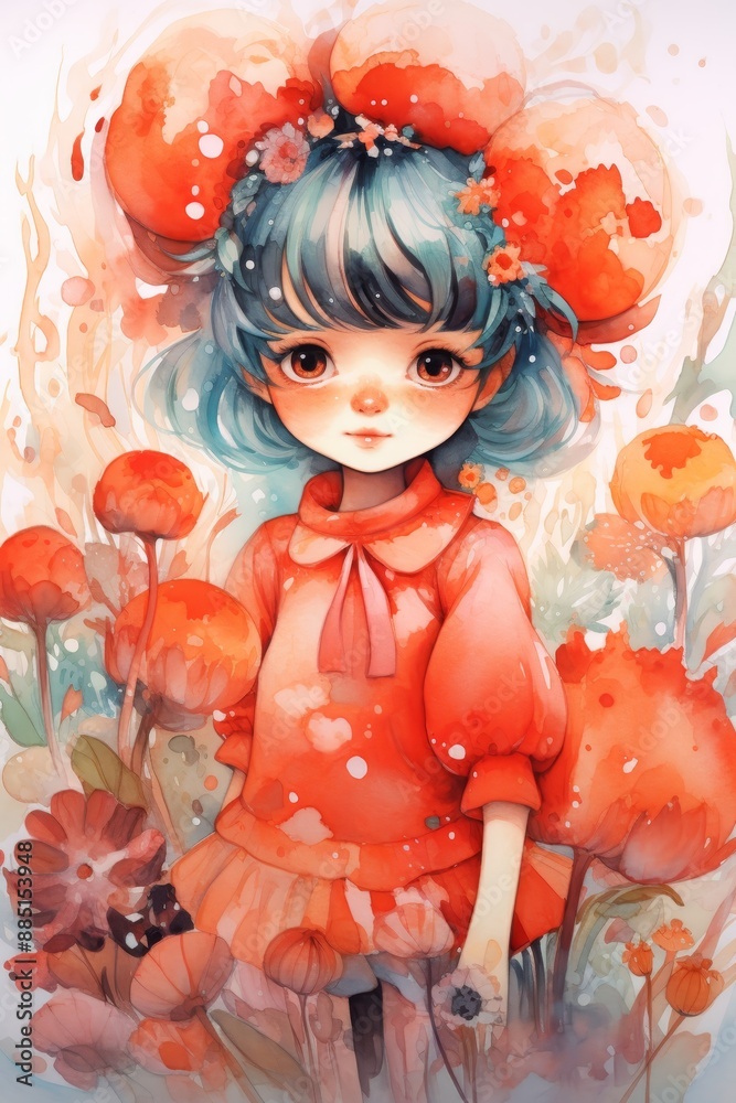 Fototapeta premium cute watercolor illustration girl in flower garden 