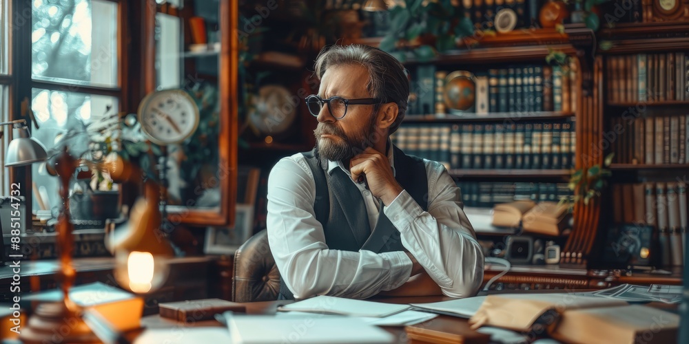 Obraz premium An elite man thinking in his study. Generative AI.