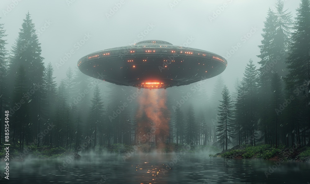 ufo flying saucer over foggy forest ufo flying saucer over foggy forest
