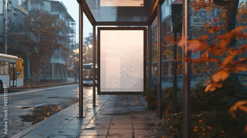 A blank white poster mockup on an outdoor bus stop, with a simple urban background, providing a clean and minimalistic design for advertising or promotional materials. Generative AI. photo