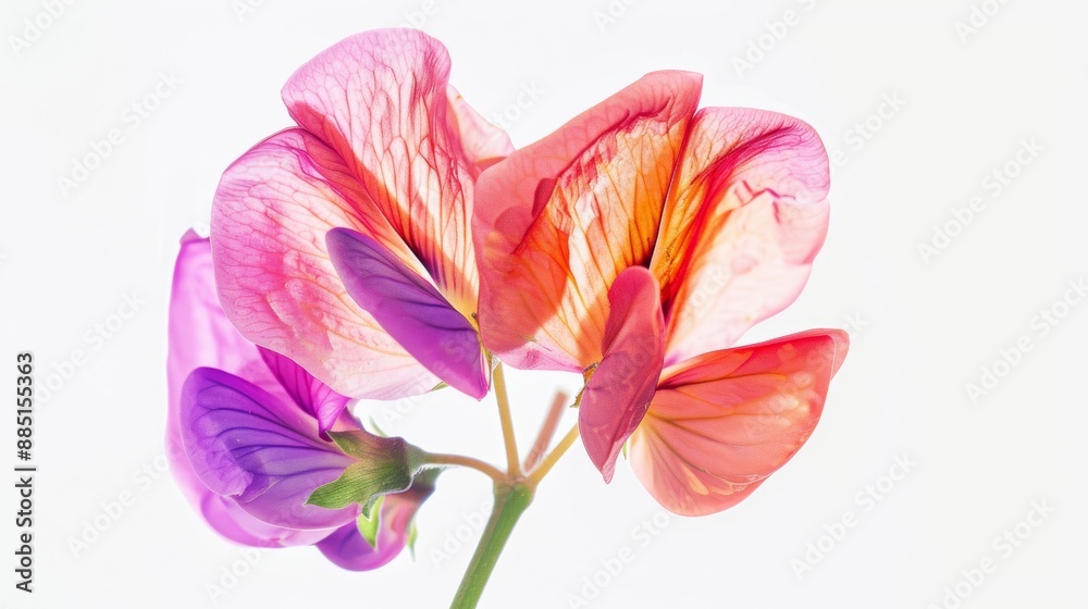 Pink and purple sweet pea flowers are blooming on a stem with a white background Pink and purple sweet pea flowers are blooming on a stem with a white background