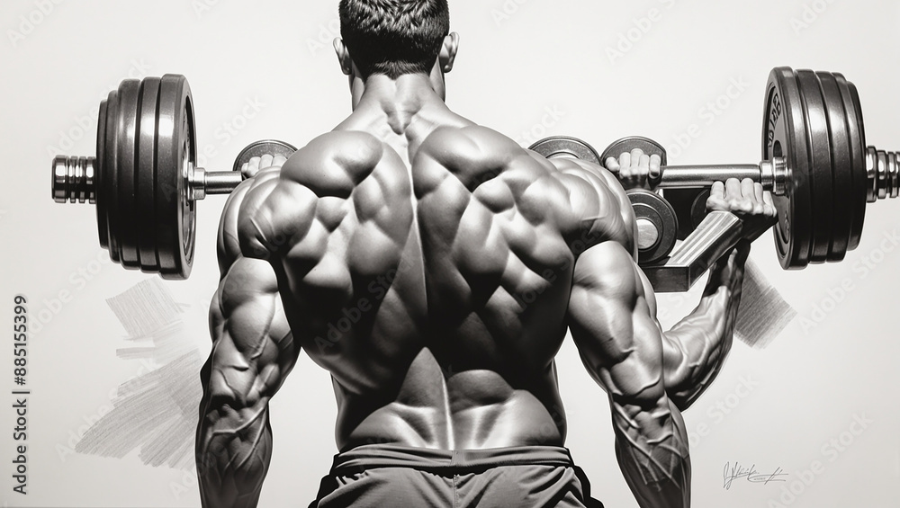 A muscular man is lifting a heavy barbell weight, viewed from behind.
A muscular man is lifting a heavy barbell weight, viewed from behind.