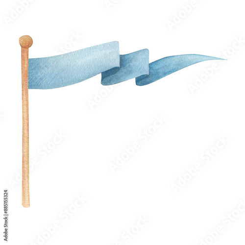 Watercolor illustration of a waving flag on the flagpole in blue. Long medieval flag, isolated. Hand drawn, sketch