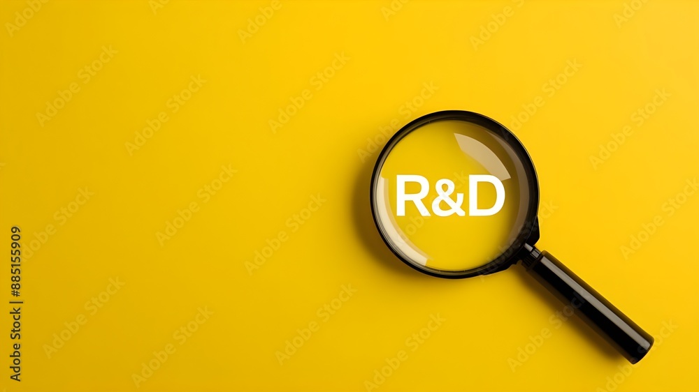 R&D, Research and Development, magnifying glass on a yellow background, close-up photography with text R&D, innovation R&D, Research and Development, magnifying glass on a yellow background, close-up photography with text R&D, innovation