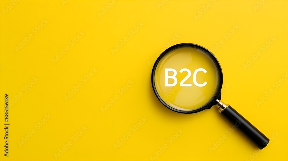 magnifying glass on a yellow background, close-up photography with text B2c, B2B, business-to -Business, Business -to-customer magnifying glass on a yellow background, close-up photography with text B2c, B2B, business-to -Business, Business -to-customer