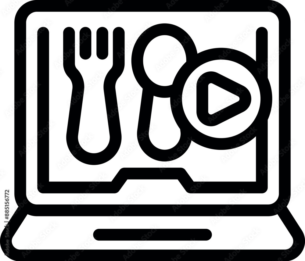 Laptop displaying a play button, a fork, and a spoon is illustrating the concept of online cooking classes Laptop displaying a play button, a fork, and a spoon is illustrating the concept of online cooking classes