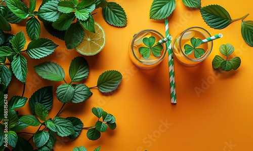 st patricks day banner,shamrock leaf clovers saint patrick s day party glasses,drinking straws on orange background flat lay top view copy space happy st patrick s day concept photo