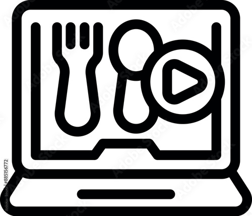 Laptop displaying a play button, a fork, and a spoon is illustrating the concept of online cooking classes