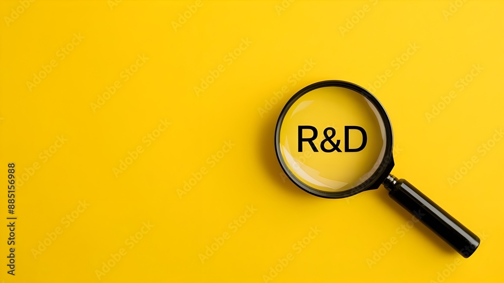 R&D, Research and Development, magnifying glass on a yellow background, close-up photography with text R&D, innovation R&D, Research and Development, magnifying glass on a yellow background, close-up photography with text R&D, innovation