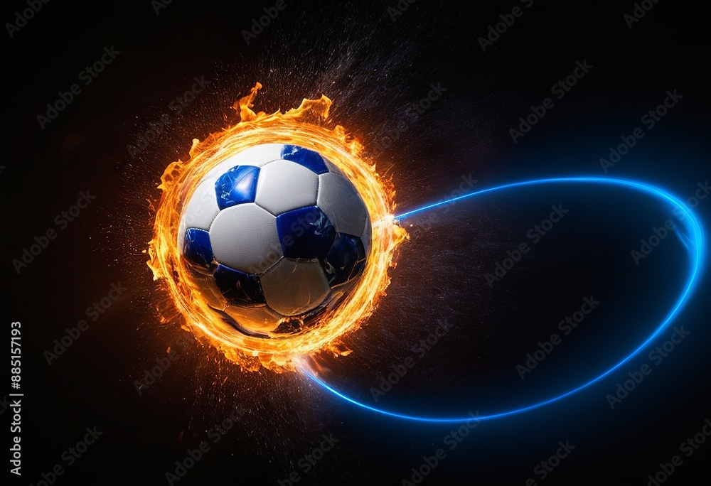 Naklejka premium Soccer Ball of Fire: Mesmerizing Blue Flames Illuminate the Night Sky