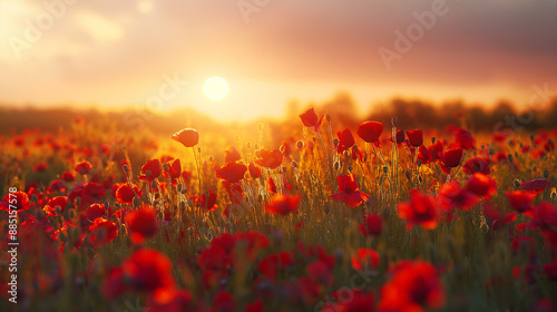 A field of red poppies swaying gently in the breeze, illuminated by the golden light of the setting sun