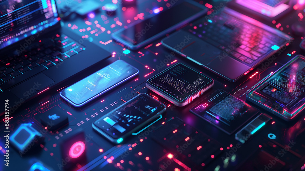 A the latest gadgets, such as smartphones, laptops, and smart home devices, highlighting their features and sleek designs A the latest gadgets, such as smartphones, laptops, and smart home devices, highlighting their features and sleek designs